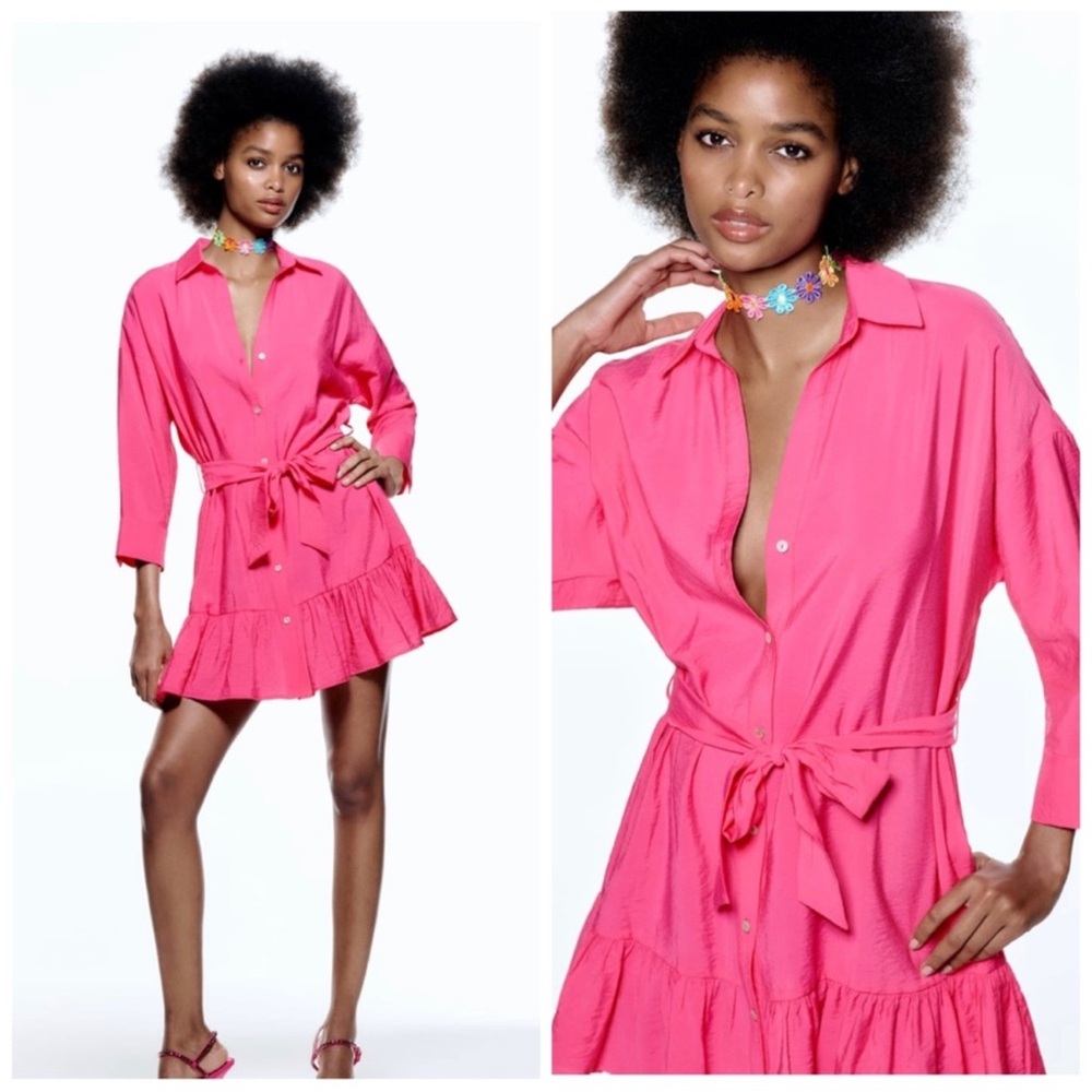 Zara Hot Pink Midi Shirt Dress with Tie Waist
